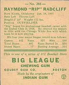 1938 Goudey Heads-Up (R323) #285 Rip Radcliff Back