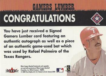 2000 Fleer Gamers - Signed Gamers Lumber #NNO Rafael Palmeiro  Back