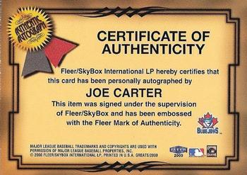 2000 Fleer Greats of the Game - Autographs #NNO Joe Carter Back