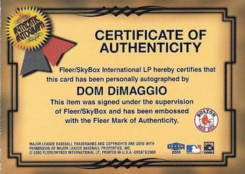 2000 Fleer Greats of the Game - Autographs #NNO Dom DiMaggio Back