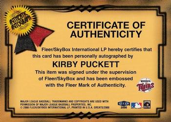 2000 Fleer Greats of the Game - Autographs #NNO Kirby Puckett Back