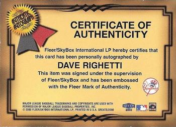 2000 Fleer Greats of the Game - Autographs #NNO Dave Righetti Back
