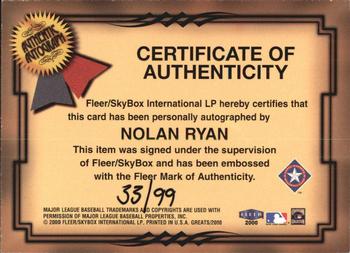 2000 Fleer Greats of the Game - Autographs Memorable Moments #2 Nolan Ryan Back
