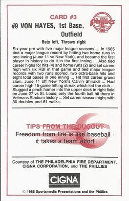 1986 Philadelphia Phillies Fire Safety #3 Von Hayes Back