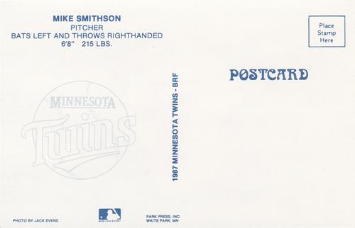 1987 Minnesota Twins Postcards #NNO Mike Smithson Back