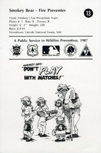 1987 Smokey Bear's Fire Prevention Team National League #13 Smokey Bear Back