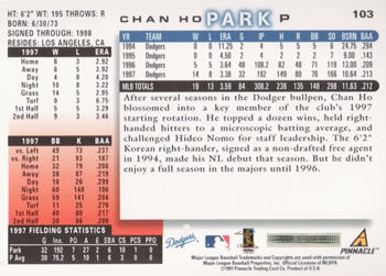 1998 Score #103 Chan Ho Park Back
