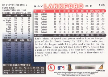 1998 Score #104 Ray Lankford Back