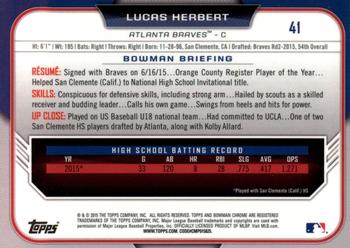 2015 Bowman Draft - Chrome Blue Sky Refractors #41 Lucas Herbert Back