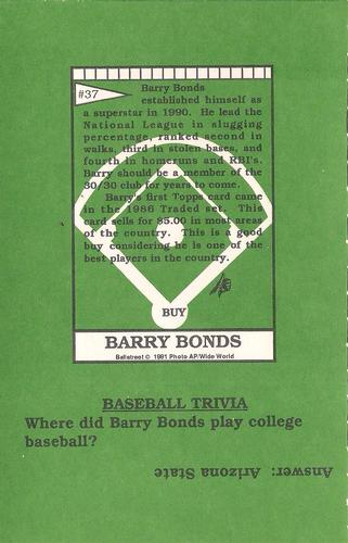 1991 Ballstreet - Oversized #37 Barry Bonds Back
