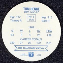 1990 Holsum Discs #3 Tom Henke Back