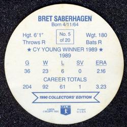 1990 Holsum Discs #5 Bret Saberhagen Back