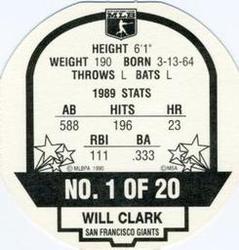 1990 MSA Super Stars Discs #1 Will Clark Back