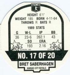 1990 MSA Super Stars Discs #17 Bret Saberhagen Back