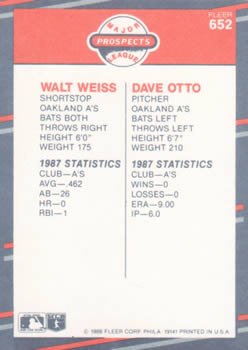 1988 Fleer #652 Walt Weiss / Dave Otto Back