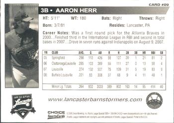 2009 Choice Lancaster Barnstormers #9 Aaron Herr Back