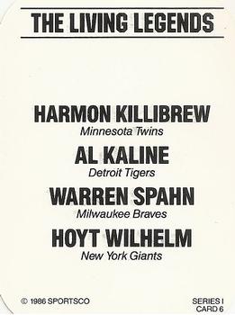 1986 Sportsco The Living Legends (unlicensed) #6 Harmon Killebrew / Al Kaline / Warren Spahn / Hoyt Wilhelm Back