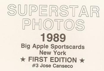 1989 Big Apple Sportscards Superstar Photos (unlicensed) #3 Jose Canseco Back