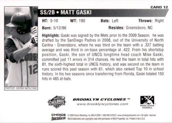 2009 Choice Brooklyn Cyclones #12 Matt Gaski Back
