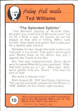 1978 Olde Cards Halsey Hall Recalls #10 Ted Williams Back