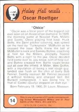 1978 Olde Cards Halsey Hall Recalls #14 Oscar Roettger Back