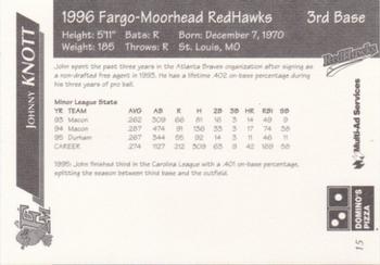 1996 Multi-Ad Fargo-Moorhead RedHawks #15 Johnny Knott Back
