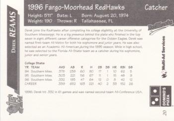 1996 Multi-Ad Fargo-Moorhead RedHawks #20 Derek Reams Back