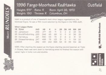 1996 Multi-Ad Fargo-Moorhead RedHawks #21 Matt Rundels Back