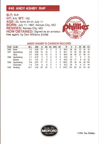 1991 Medford Philadelphia Phillies #NNO Andy Ashby Back