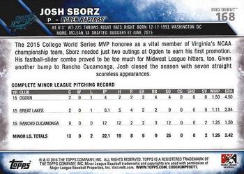 2016 Topps Pro Debut #168 Josh Sborz Back