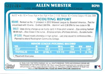 2011 Bowman - Chrome Prospects Purple Refractors #BCP89 Allen Webster Back