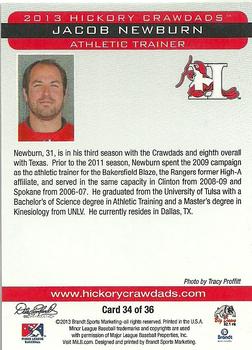 2013 Brandt Hickory Crawdads #34 Jacob Newburn Back