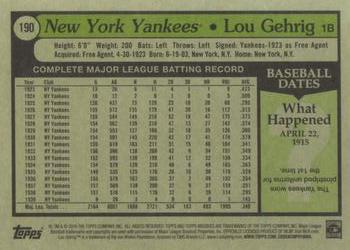 2016 Topps Archives #190 Lou Gehrig Back