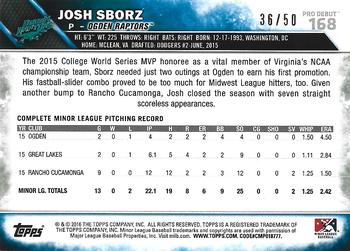 2016 Topps Pro Debut - Gold #168 Josh Sborz Back