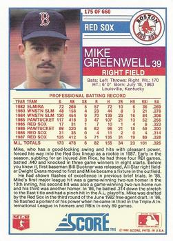 1988 Score #175 Mike Greenwell Back
