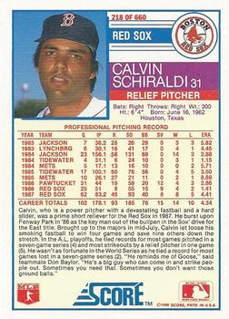 1988 Score #218 Calvin Schiraldi Back