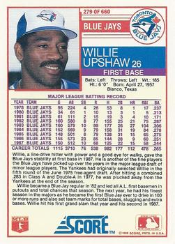 1988 Score #279 Willie Upshaw Back