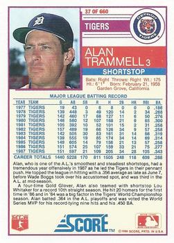 1988 Score #37 Alan Trammell Back