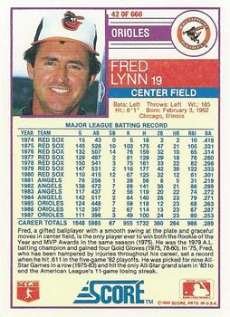 1988 Score #42 Fred Lynn Back