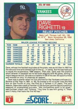 1988 Score #351 Dave Righetti Back