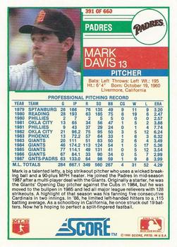 1988 Score #391 Mark Davis Back