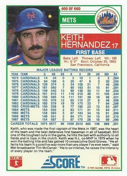 1988 Score #400 Keith Hernandez Back