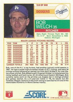 1988 Score #510 Bob Welch Back