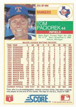 1988 Score #531 Tom Paciorek Back
