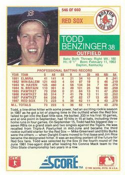 1988 Score #546 Todd Benzinger Back