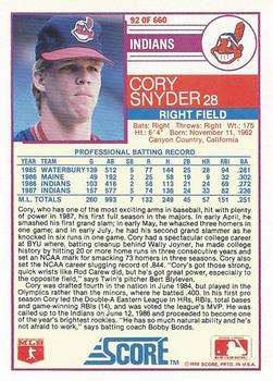 1988 Score #92 Cory Snyder Back