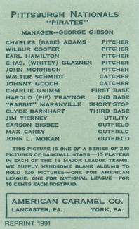1991 1922 American Caramel (E120) Reprint #NNO Pie Traynor Back