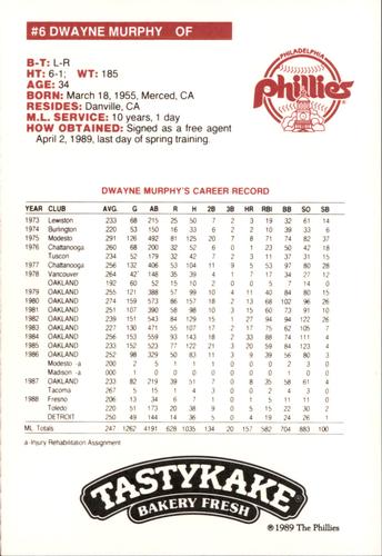 1989 Tastykake Philadelphia Phillies #NNO Dwayne Murphy Back