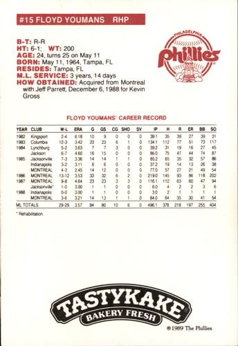 1989 Tastykake Philadelphia Phillies #NNO Floyd Youmans Back