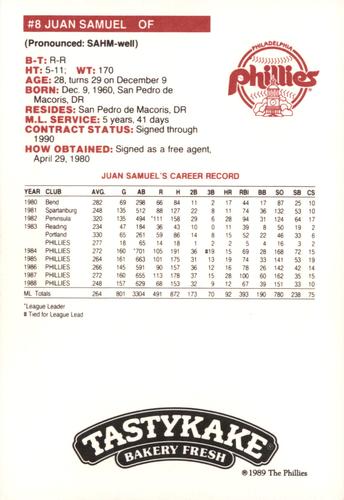 1989 Tastykake Philadelphia Phillies #NNO Juan Samuel Back